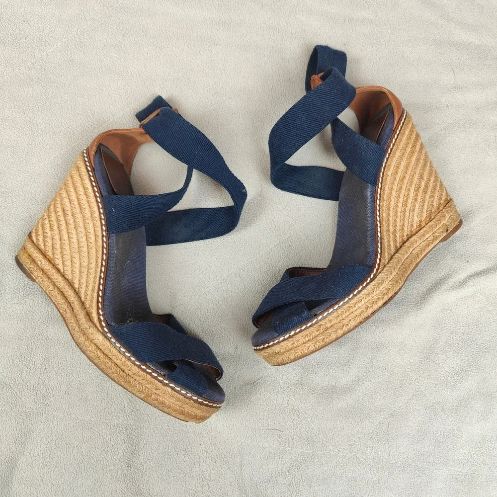 Tory Burch Frieda Espadrille Wedge‎ Sandals Womens 8.5B Navy Blue Strappy Beachy